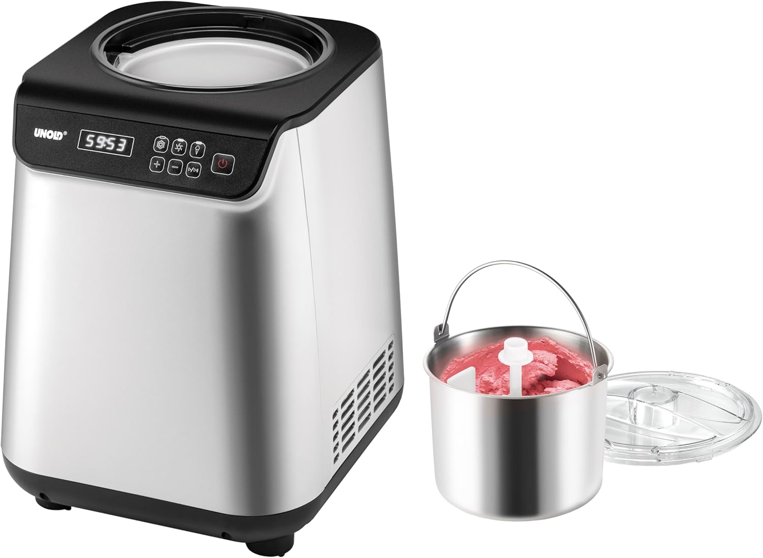 Unold Uno 48825 Sorbetière – Compresseur auto-refroidissant, entièrement automatique, 135 W, refroidissement à -35 °C, écran LCD, récipient en acier inoxydable, minuterie, compresseur