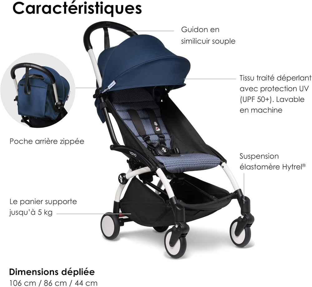 Poussette BABYZEN YOYO2 6+ (Cadre noir + pack couleur Aqua) - Comprend un harnais, un dossier, des arceaux de capote, une bandoulière, un coussin d’assise, et une capote assortie