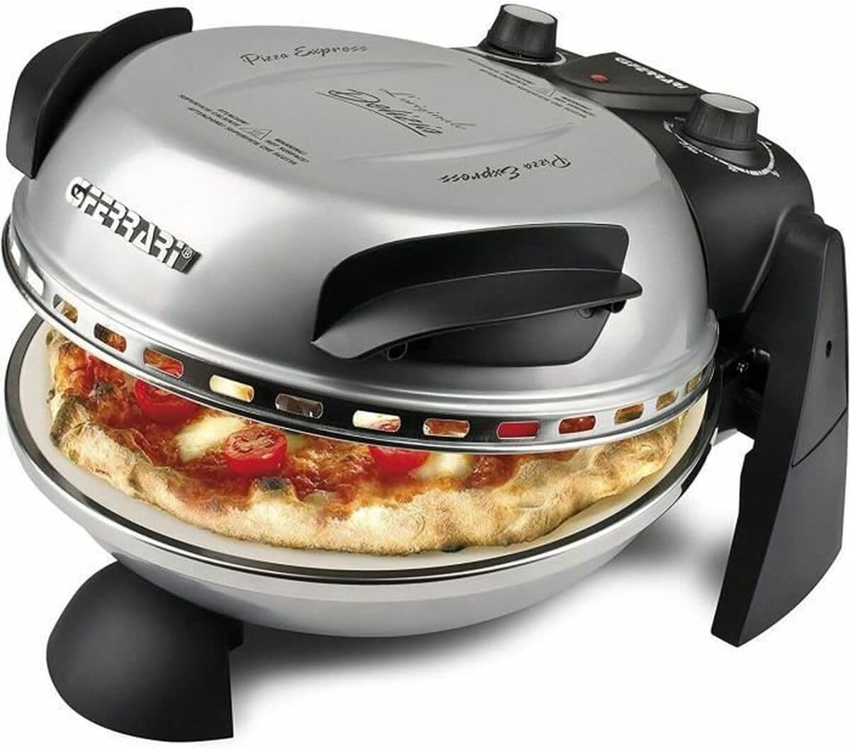 G3 Ferrari G10006 Pizza Express Delizia, 1200 W Pizza Oven, Adjustable Thermostat up to 400°C, Cooks Tasty Pizza in 5 Minutes, Double Resistance, Recipe Book and Spatulas Included - Black