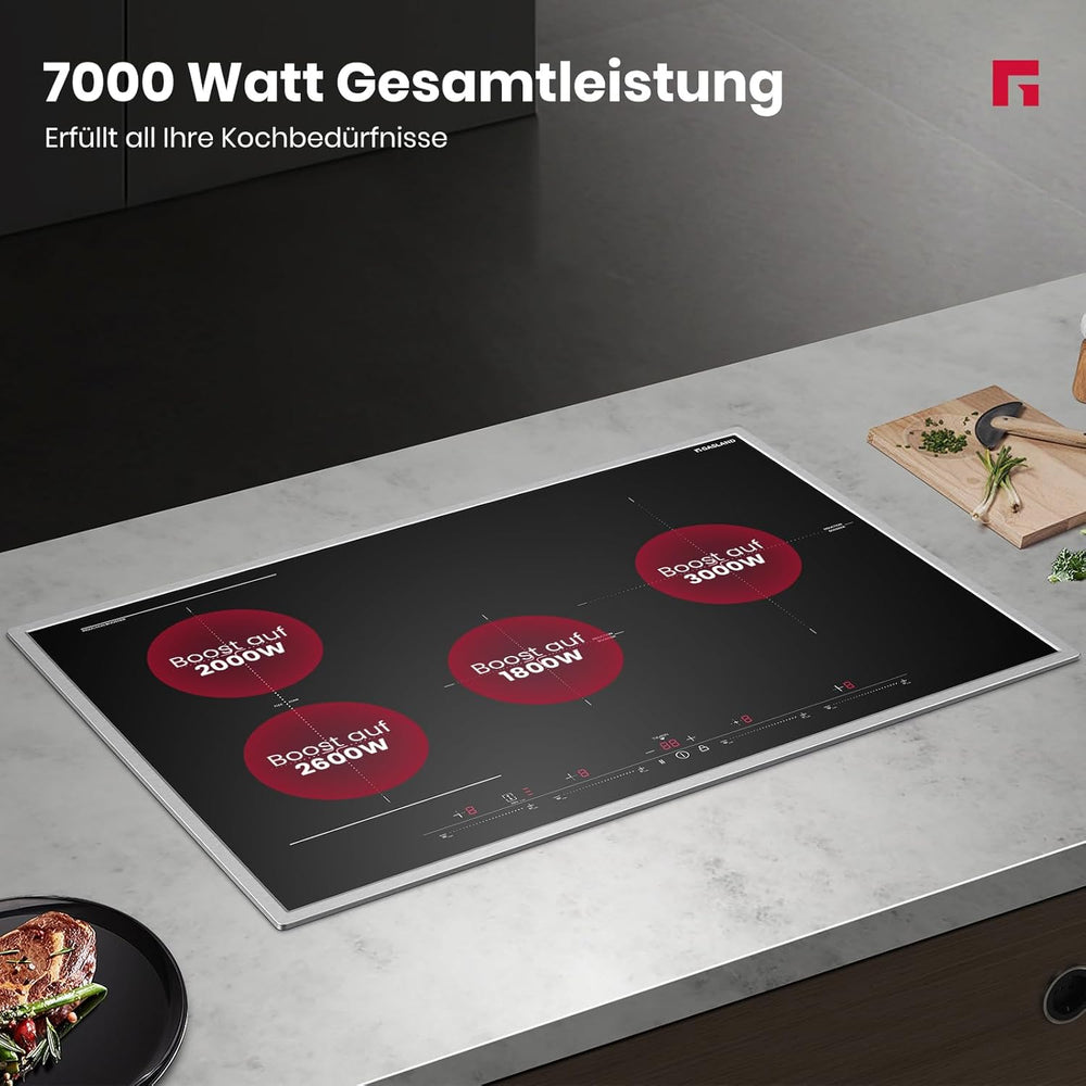 GASLAND IH774BFB Plaque de Cuisson Induction encastrable 77 cm, 4 foyers avec cadre en inox, zone spéciale BBQ, PowerBoost, 7000W (Poêle non incluse)
