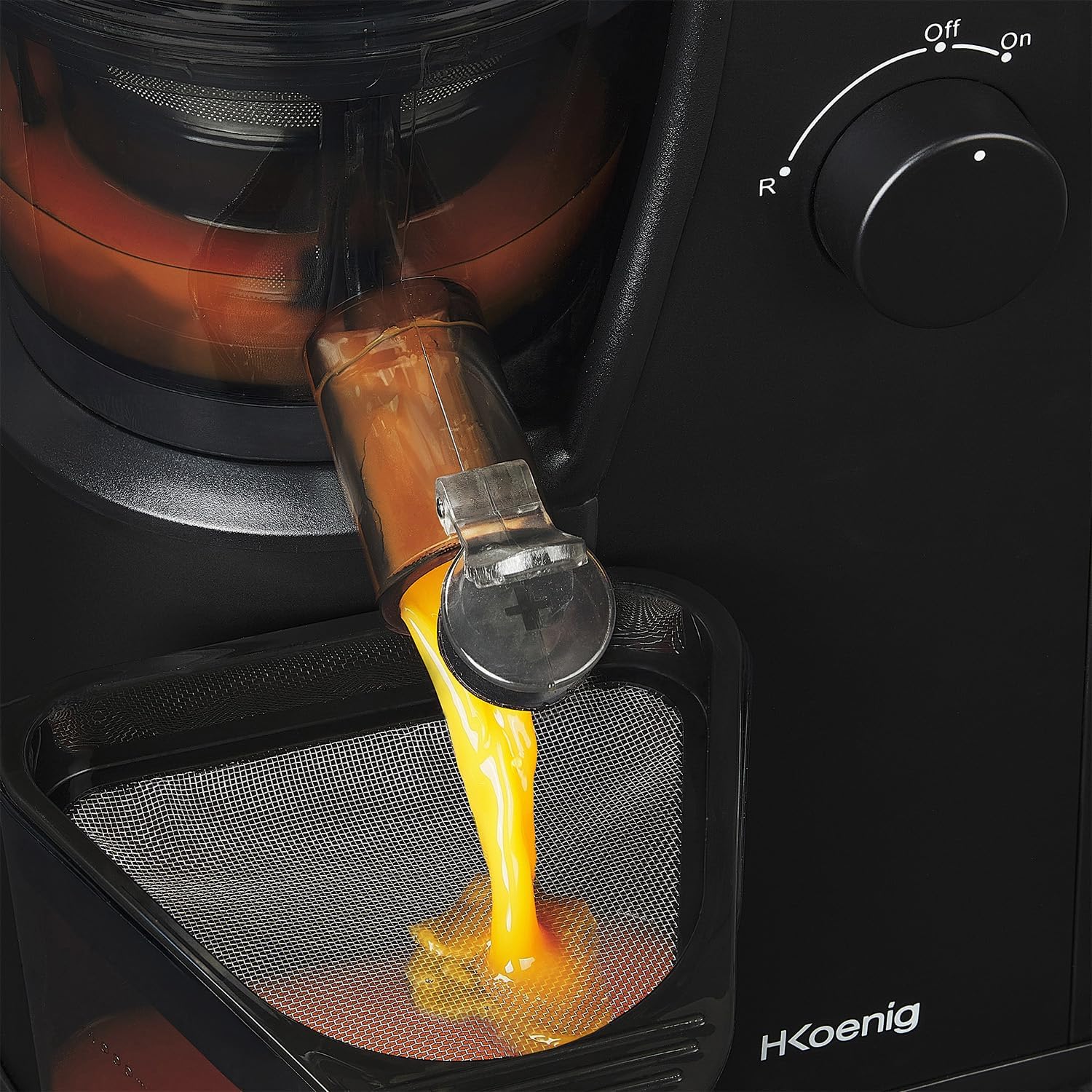 Extracteur de Jus de Fruits et Légumes vertical GSX24 H.Koenig Centrifugeuse Vitamin + sans BPA - 82 mm Large Bouche - 3 tamis pour jus fin ou épais et sorbet - Pression douce - 50 tours 400 W