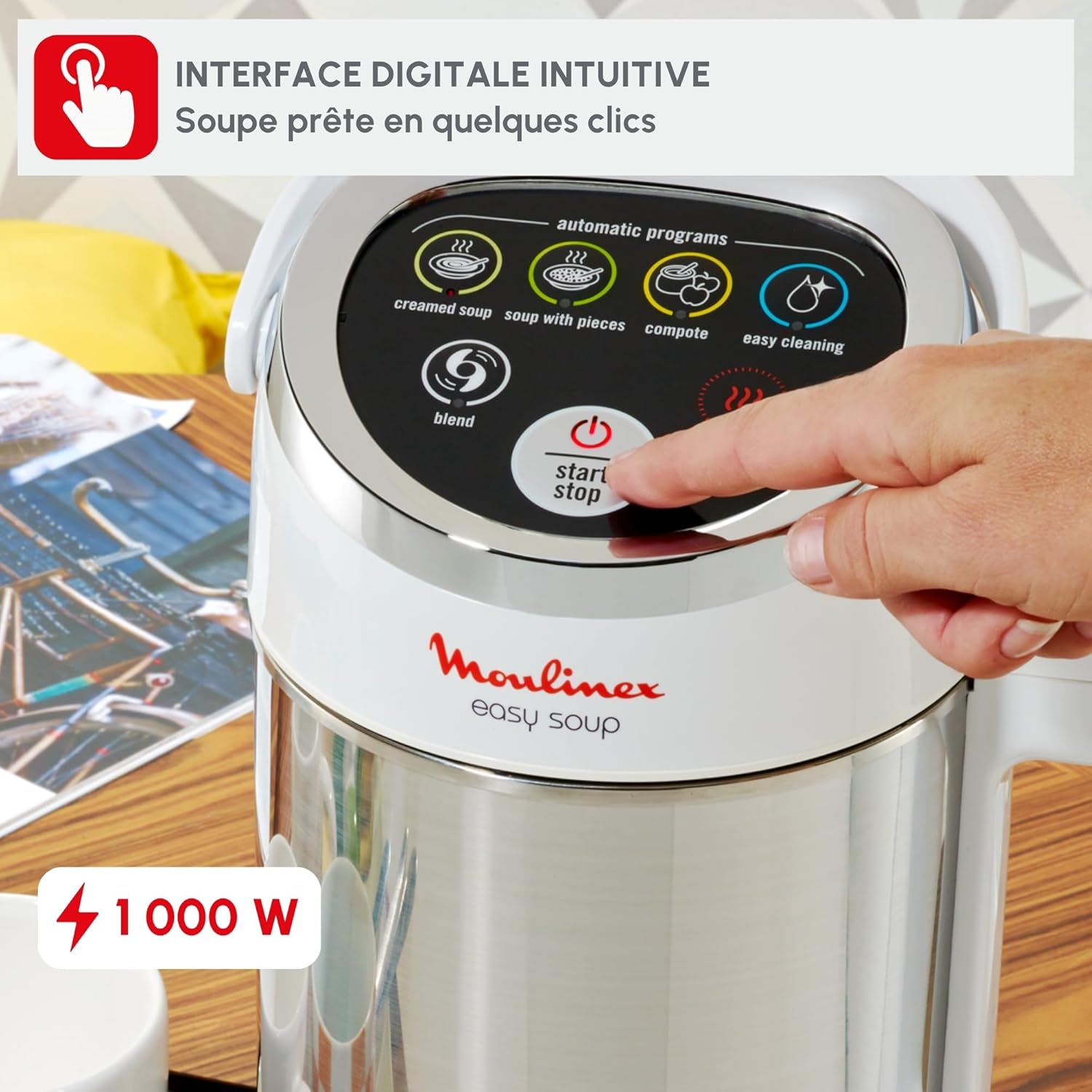 Moulinex Blender chauffant, Mixeur soupe, Puissance 1000 W, Capacité 1,2 L, 5 programmes automatiques, Double paroi, Maintien au chaud 40 min, Livret recettes, Easy Soup, Inox LM841B10