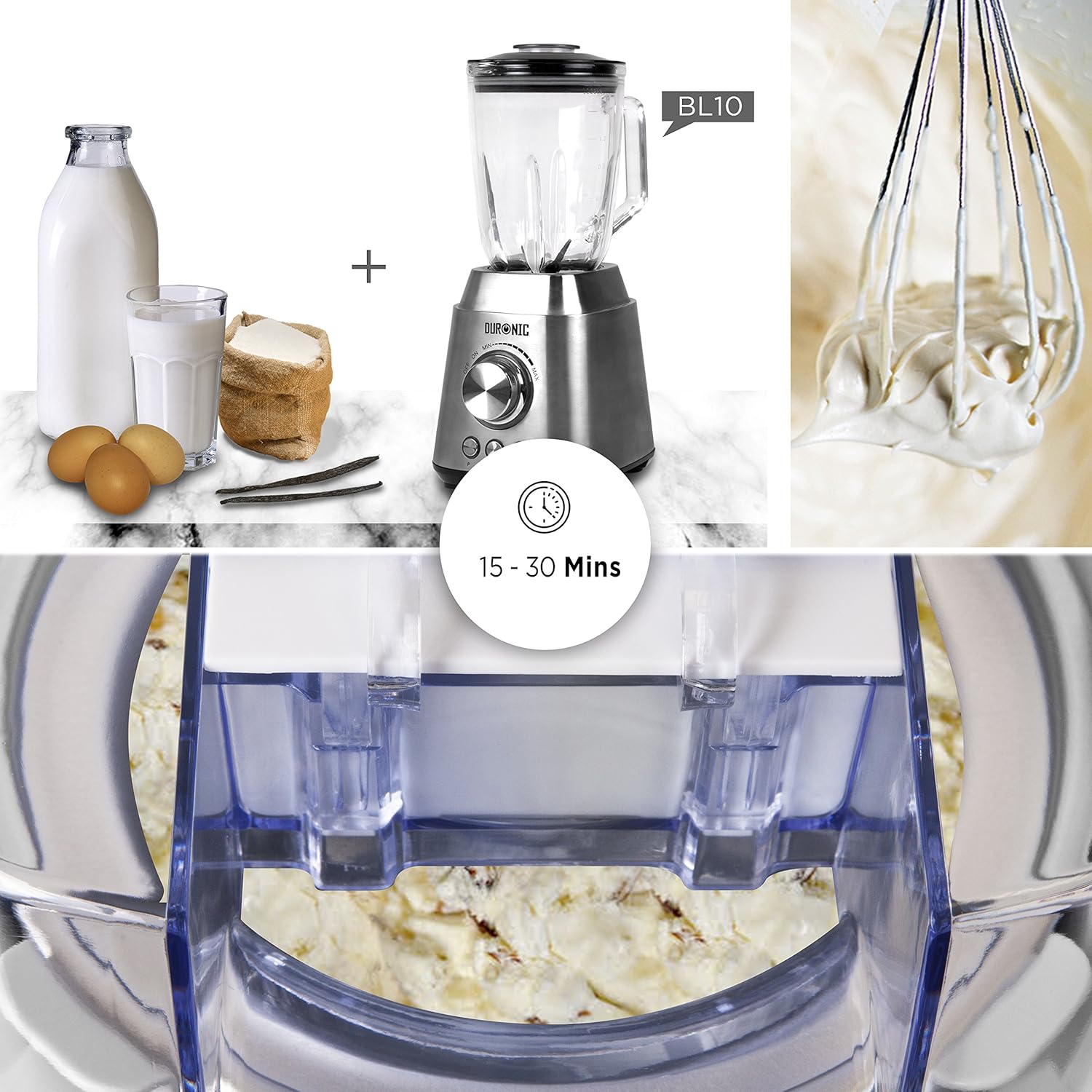 Duronic IM540 Machine à glace et sorbetière électrique Cuve amovible en inox de 1,5 litres Turbine idéale pour créer des glaces sorbets yaourts glacés crèmes glacée et desserts faits maison