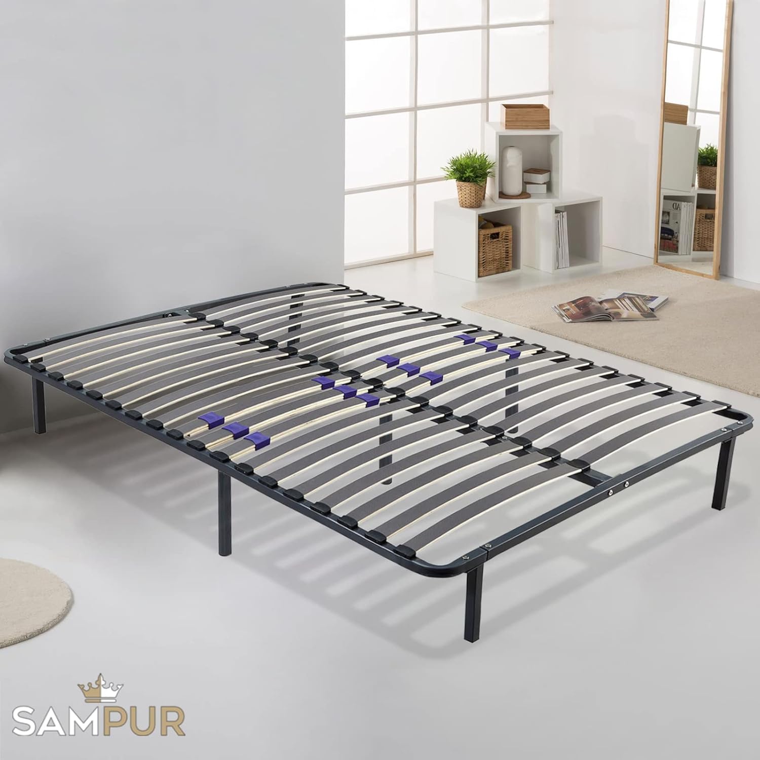 SAMPUR - Sommier Essentiel 140x190 cm | Résistant et Confortable | 7 Pieds Inclus | Lattes réglables | Cadre métal laqué époxy | Sommier 1 ou 2 Personnes | Montage Rapide et Facile