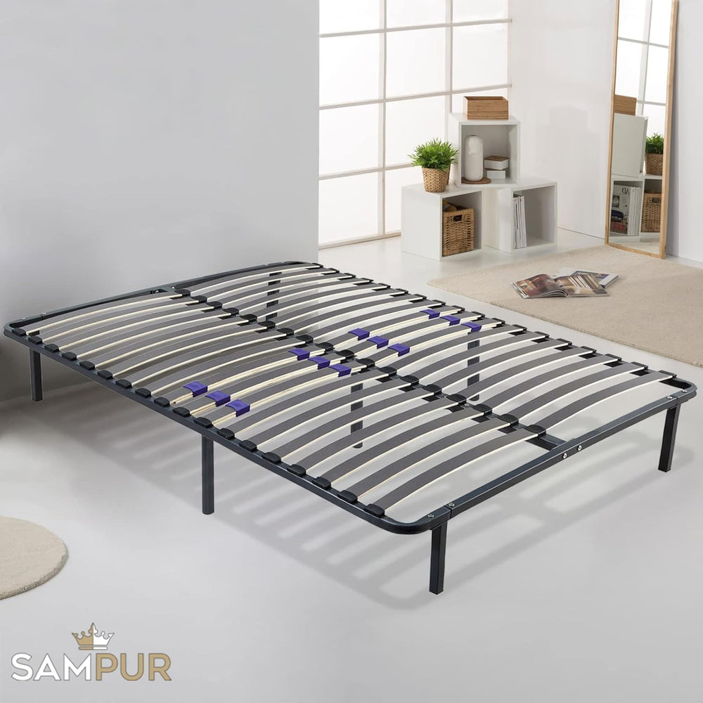 SAMPUR - Sommier Essentiel 140x190 cm | Résistant et Confortable | 7 Pieds Inclus | Lattes réglables | Cadre métal laqué époxy | Sommier 1 ou 2 Personnes | Montage Rapide et Facile
