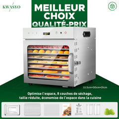 Kwasyo Food Dehydrator Stainless Steel 8 Trays Temperature Regulator 30-90°C 24H Timer Function BPA Free Dehydrator for Fruit, Meat, Vegetables