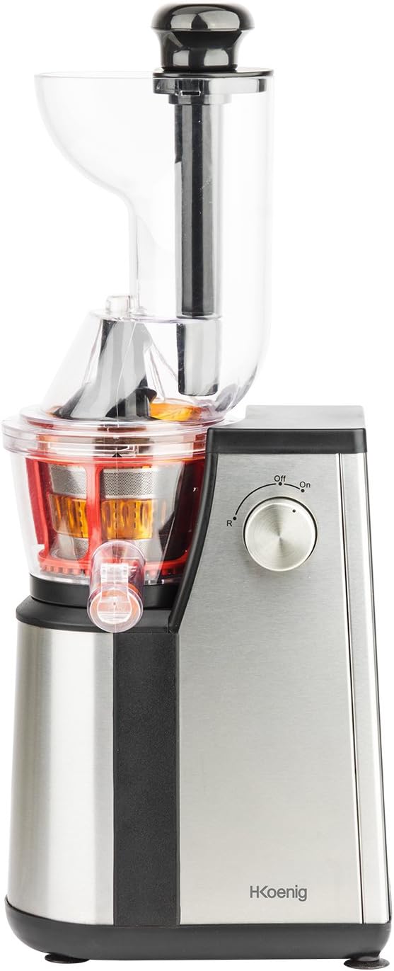 Extracteur de Jus de Fruits et Légumes vertical GSX24 H.Koenig Centrifugeuse Vitamin + sans BPA - 82 mm Large Bouche - 3 tamis pour jus fin ou épais et sorbet - Pression douce - 50 tours 400 W