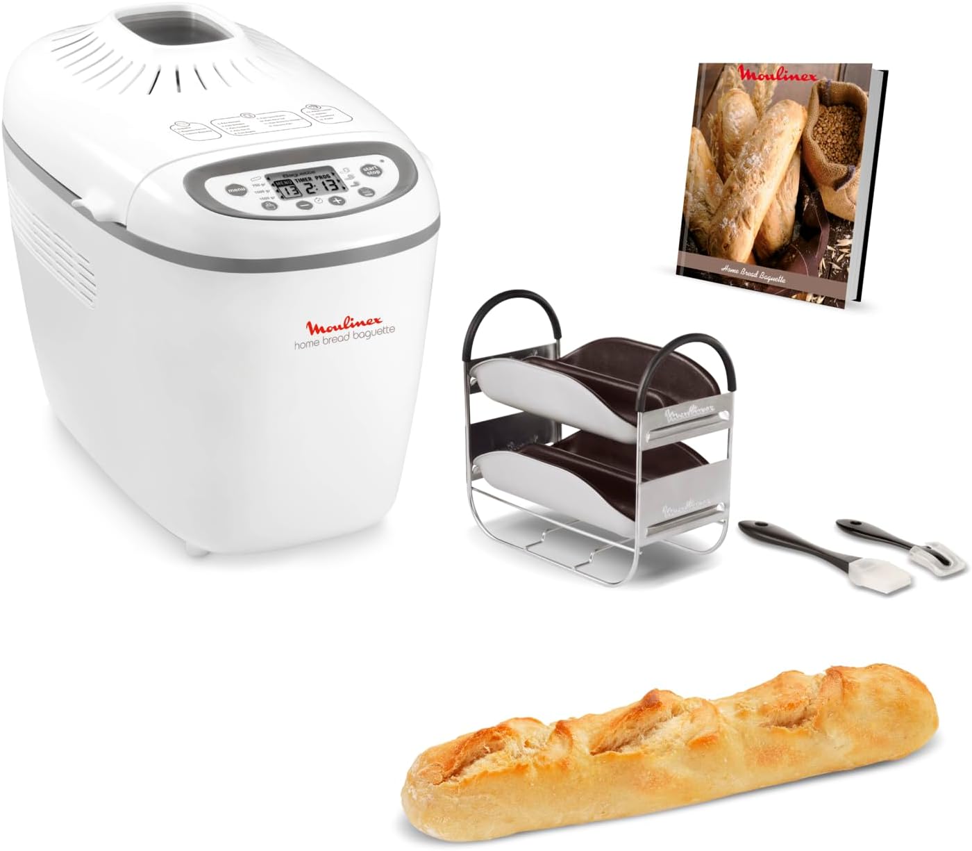 Moulinex Home Bread Baguette Machine à petits pains, 16 programmes, Résultats homogènes, Jusqu'à 1,5 kg de pain frais, Plaques croustillants, 3 niveaux de dorage OW610110, Blanc
