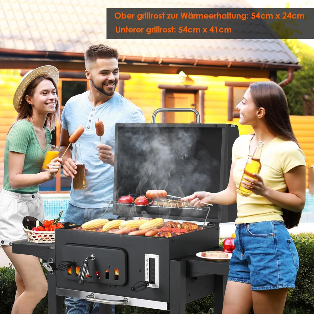 Barbecue Charbon de Bois XL, Chariot à Barbecue, Grill XL à Charbon avec Couvercle, Roues et Thermomètre, Réglable en Hauteur, Grand Barbecue au Charbon de Bois, pour Camping et Jardin, Noir