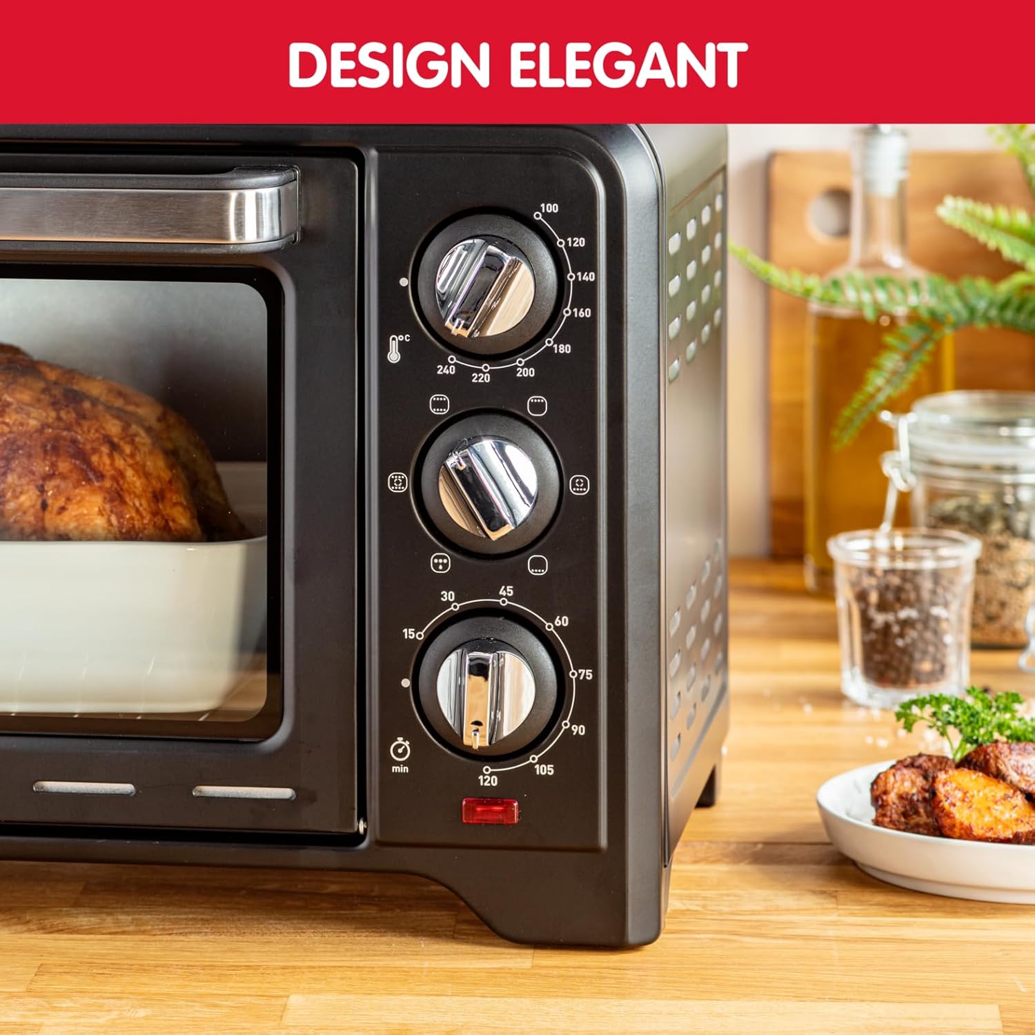 Moulinex Oven, 33 L, Rotating heat, Advanced convection, 6 cooking modes, Thermostat adjustable up to 240°C, Timer 120 min, Reversible grill, Silicone oven mitts, Optimo Black OX464811