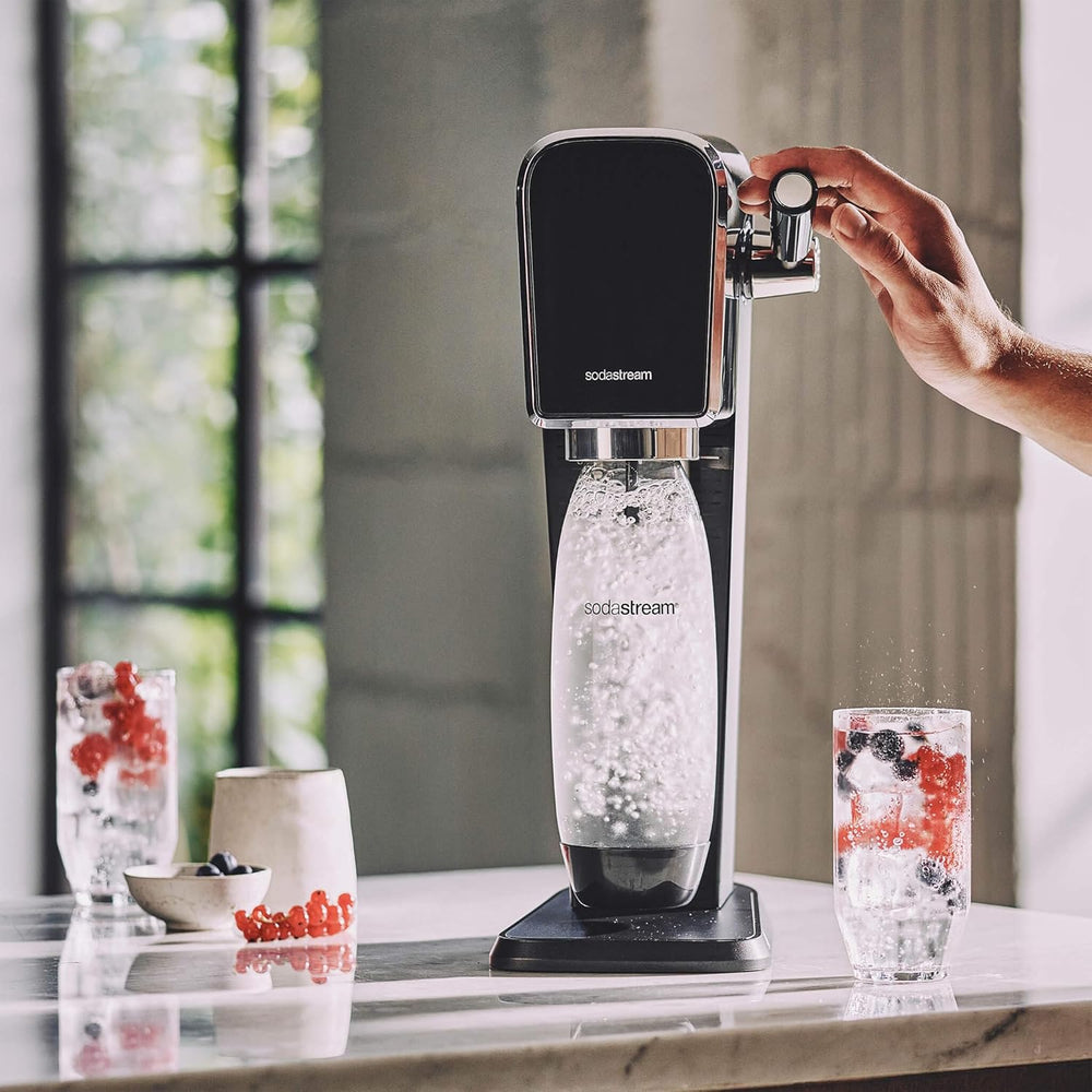 SodaStream ART Sparkling Water and Soda Machine | Pack of 1 Bottle 1 L + 1 Bottle 0.5 L Dishwasher Safe + 1 60L Gas Refill Clip On | Black [Amazon Exclusive]