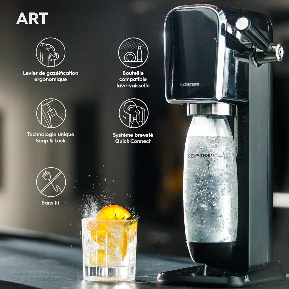 SodaStream ART Sparkling Water and Soda Machine | Pack of 1 Bottle 1 L + 1 Bottle 0.5 L Dishwasher Safe + 1 60L Gas Refill Clip On | Black [Amazon Exclusive]