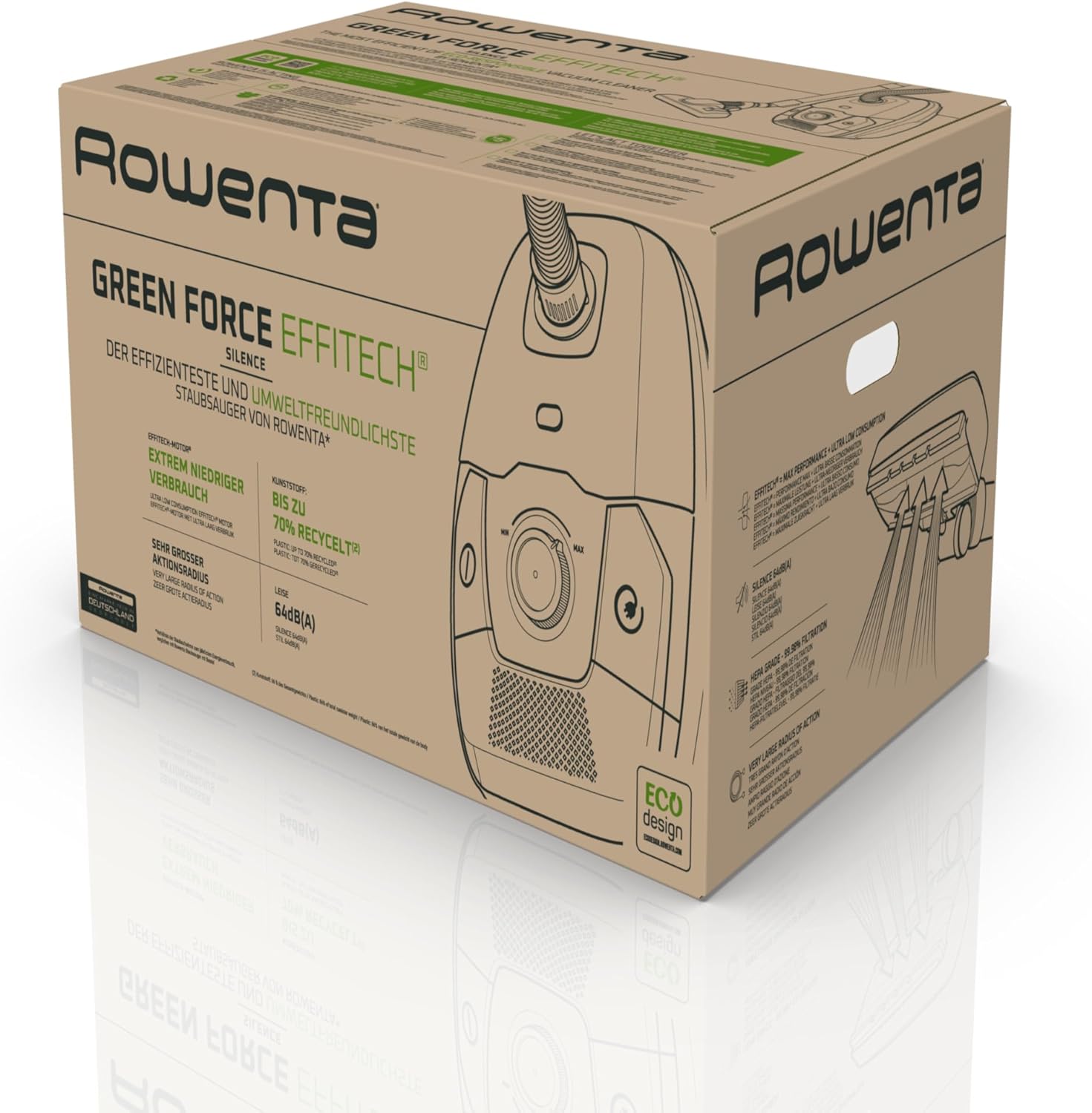 Rowenta Green Force Max Silence Vacuum Cleaner with Bag, 900 W Max, High Filtration, Quiet, Eco-Responsible, Made in France, Black/Aluminium RO6136EA