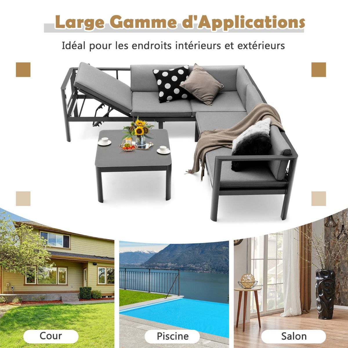 Salon de Jardin Extérieur avec Table Basse en Verre Trempé Canapéavec Dossier Inclinable à 6 Niveaux Coussins Inclus Gris