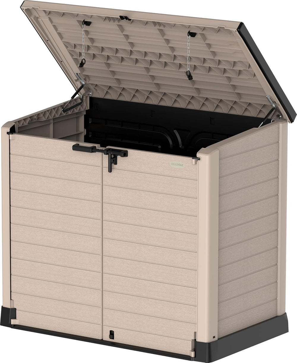Duramax StoreAway 1200L Plastic Garden Shed/ Flat Lid, Outdoor Storage Shed, Wheelie Bin Hideaways, Wheelie bin box, Durable Construction, Ideal for Bikes, BBQs & 2x 240L Bins, 145x85x125 cm, Brown
