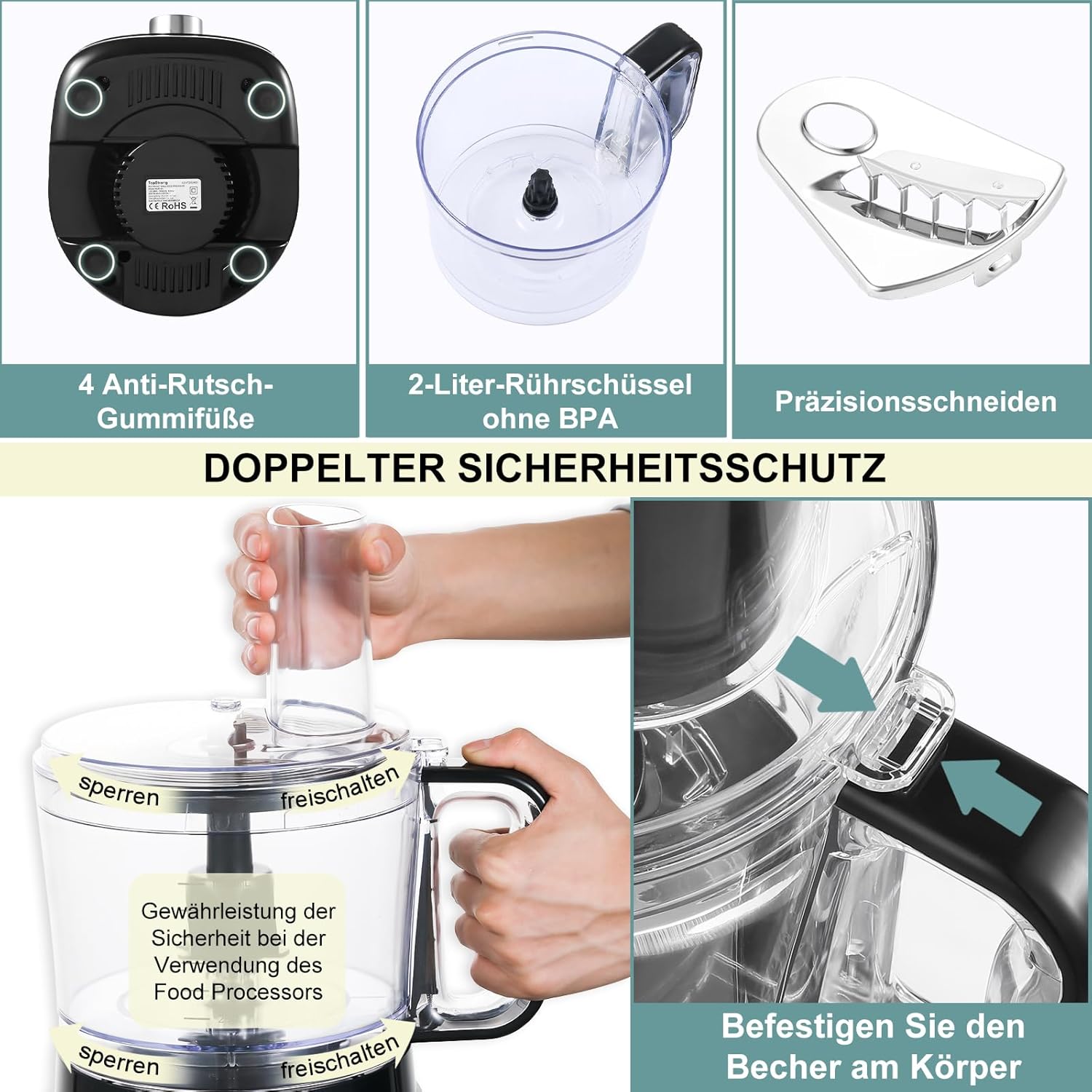TopStrong Multifunctional Food Processor, 1100 W Multifunctional Food Processor, 11 in 1 Food Processor Included Chopper, Kneader Hook, Blender, Citrus Press and Coffee Grinder, 3.2L Bowl and 1.5L