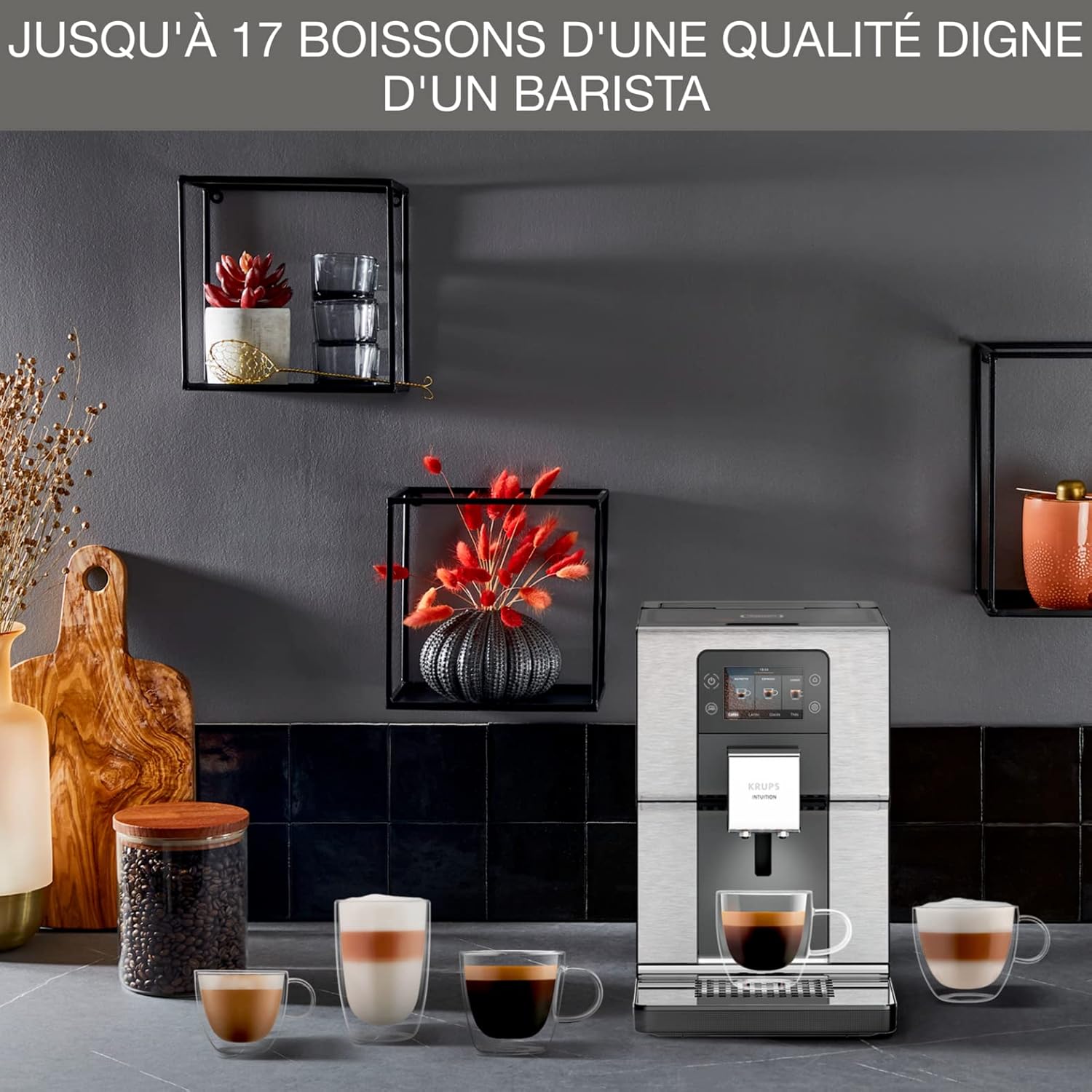 Krups Machine à café broyeur à grain, Ecran tactile couleur, 11 recettes préenregistrées, Indicateurs lumineux intuitif, accès bacs en frontal, Nettoyage facile, Intuition Préférence EA873810