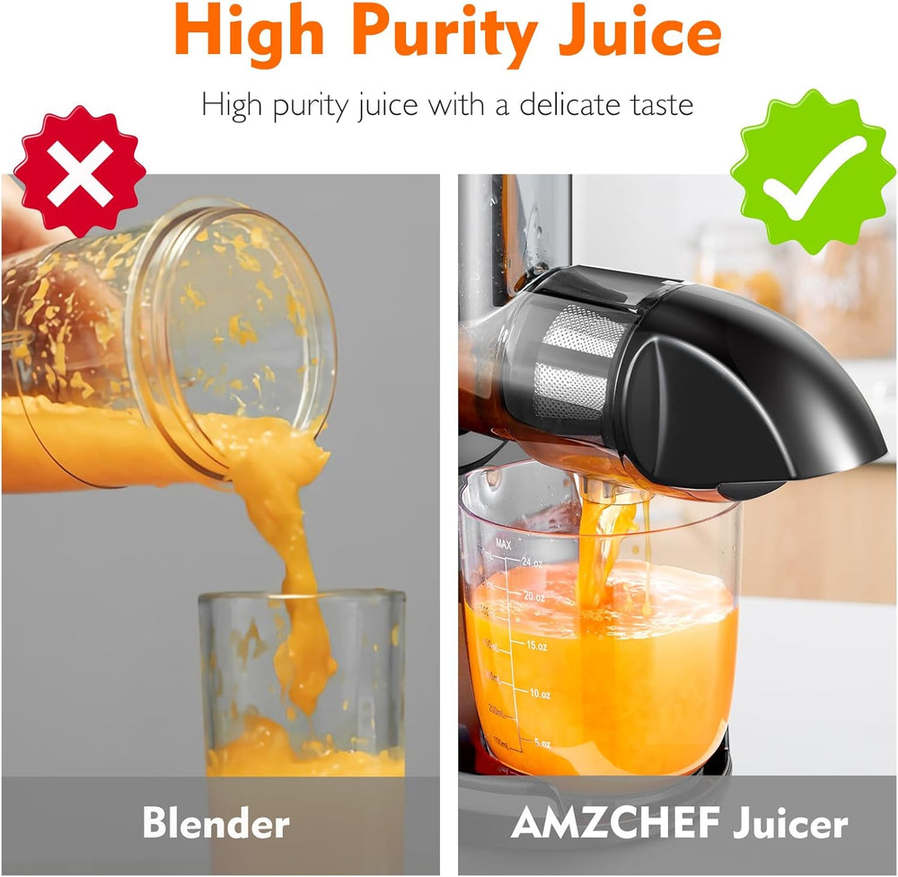 AMZCHEF Extracteur Jus - Extracteur de Jus de Fruits et Légumes - Presses-agrumes à Froid sans BPA avec 2 Tasses et Brosse - Fonction de Mastication Inversée pour Éviter les Blocages - Argent