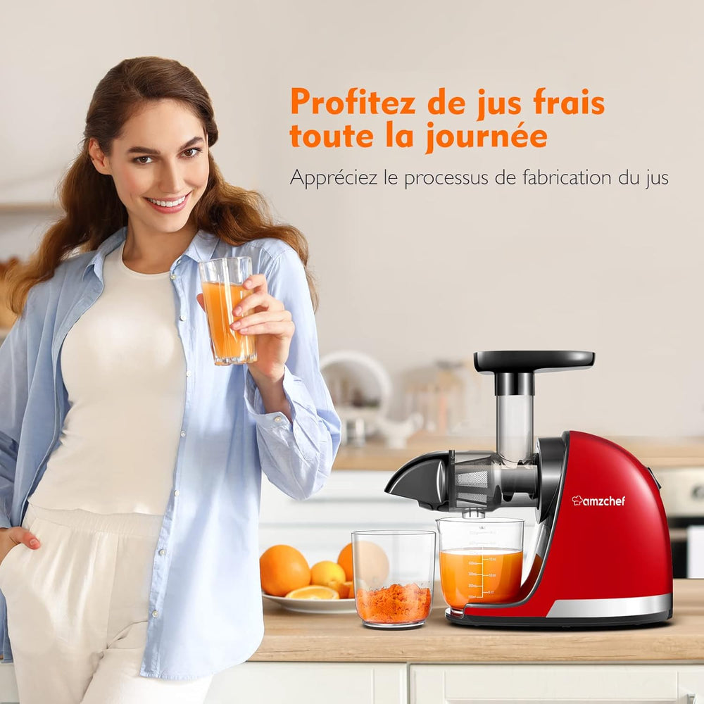 AMZCHEF Extracteur Jus - Extracteur de Jus de Fruits et Légumes - Presses-agrumes à Froid sans BPA avec 2 Tasses et Brosse - Fonction de Mastication Inversée pour Éviter les Blocages - Argent