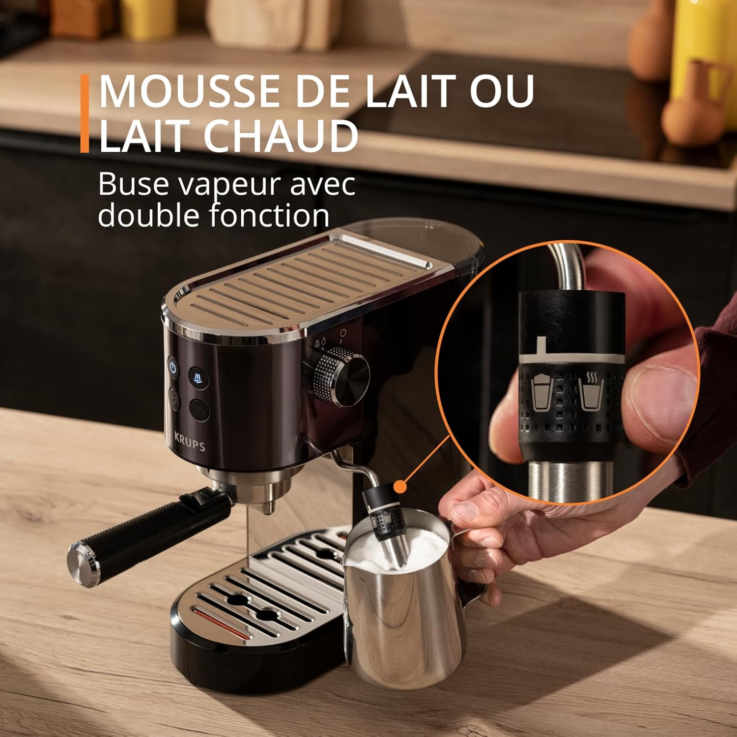 Krups Virtuoso+, Machine expresso, Machine a cafe à pompe, expresso machine a cafe moulu ou dosettes, 15 bars, Inox, Buse vapeur, Espresso et cappuccino, XP444G10