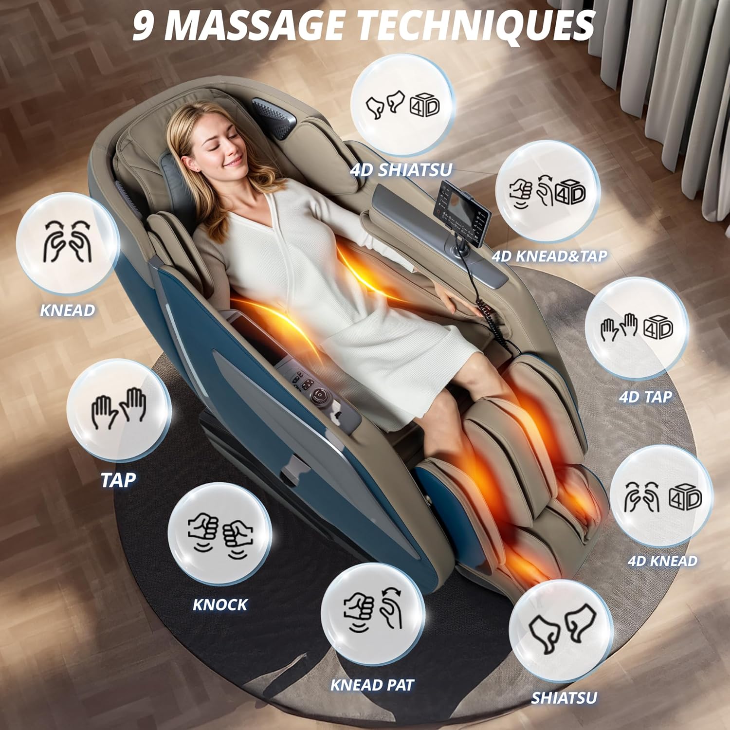 HealthRelife Fauteuil de Massage Complet du Corps avec Balayage corporel Mains robotiques 3D Housse de siège de Massage Shiatsu Intelligente avec Fonction vocale Chauffage du Dos (Bleu)