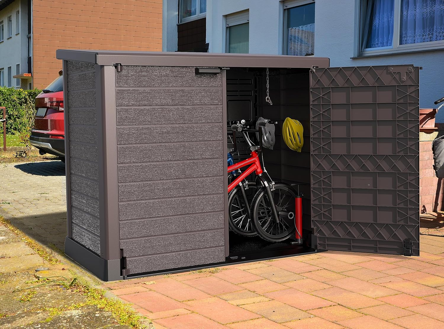 Duramax StoreAway 1200L Plastic Garden Shed/ Flat Lid, Outdoor Storage Shed, Wheelie Bin Hideaways, Wheelie bin box, Durable Construction, Ideal for Bikes, BBQs & 2x 240L Bins, 145x85x125 cm, Brown
