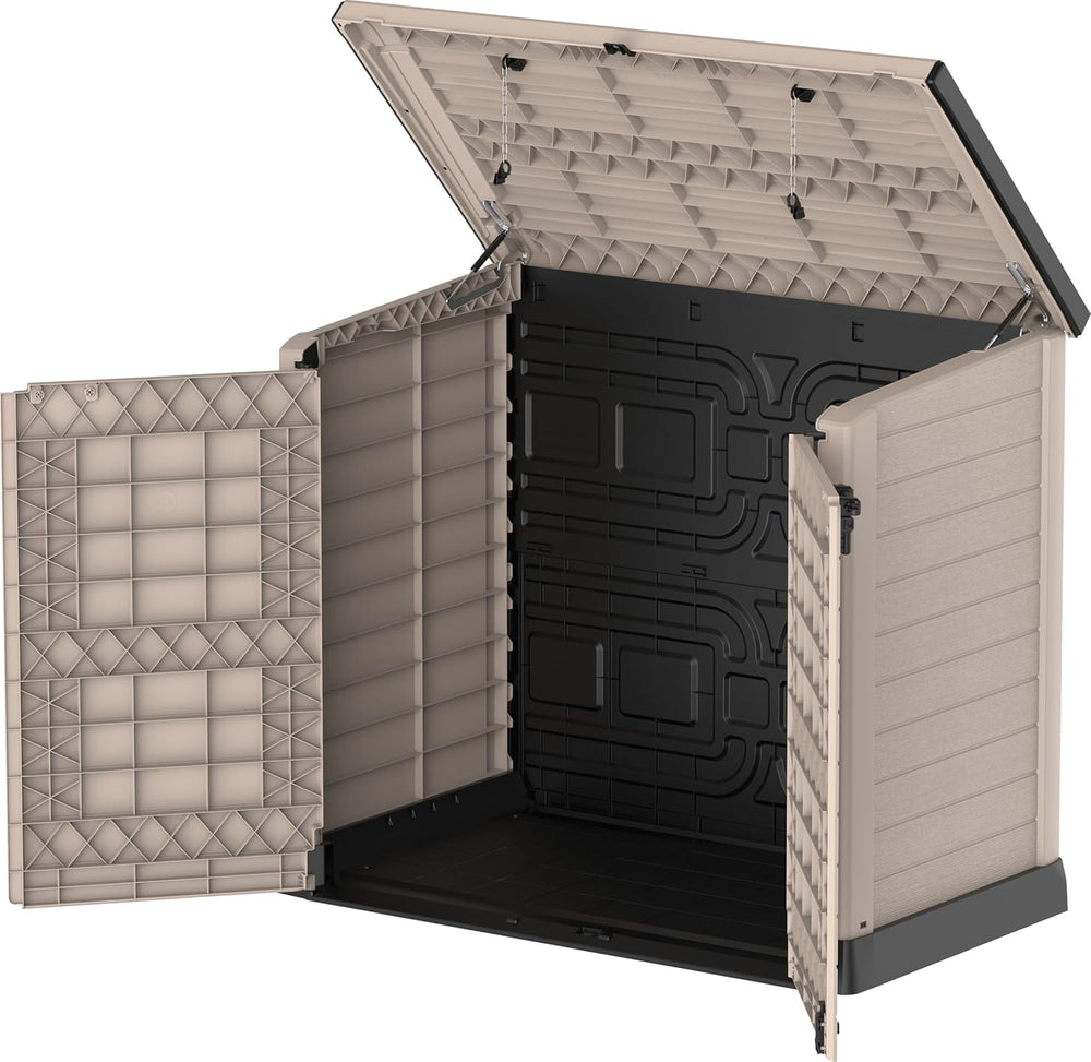 Duramax StoreAway 1200L Plastic Garden Shed/ Flat Lid, Outdoor Storage Shed, Wheelie Bin Hideaways, Wheelie bin box, Durable Construction, Ideal for Bikes, BBQs & 2x 240L Bins, 145x85x125 cm, Brown