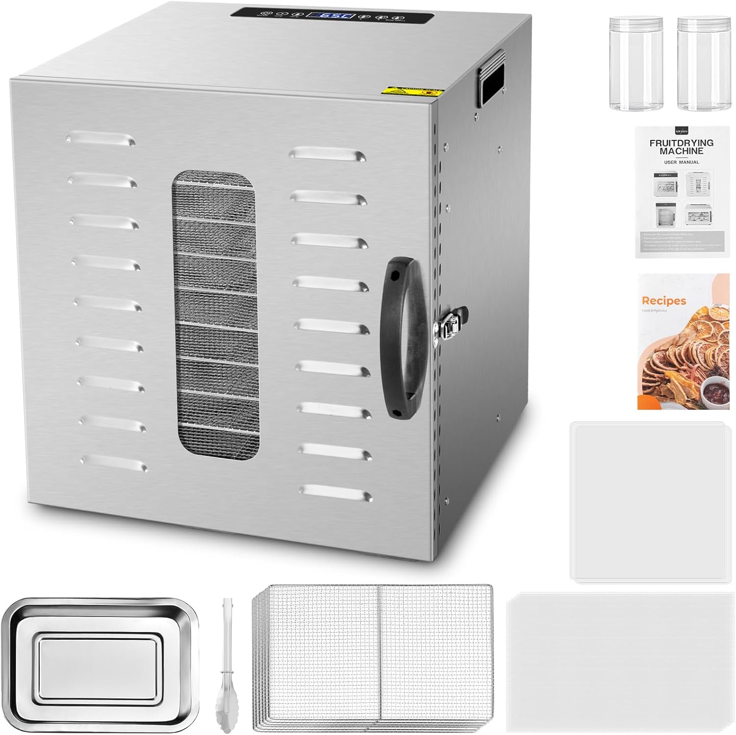 Kwasyo Food Dehydrator, 10 Trays • Desiccator with Timer (24H) • Fruit and Vegetable Dehydrator Adjustable Temperature (30 to 90°C) + 1 x Recipe Book