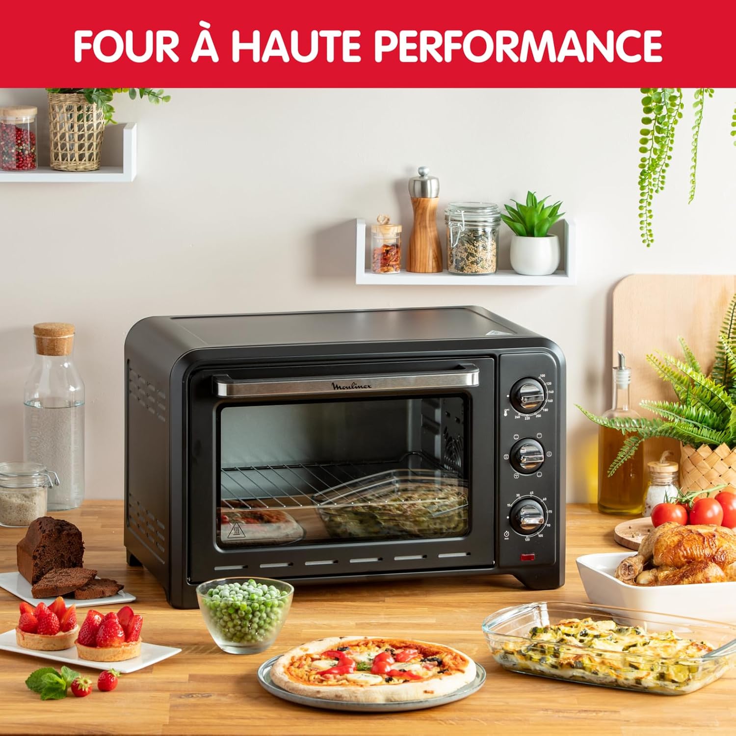 Moulinex Oven, 33 L, Rotating heat, Advanced convection, 6 cooking modes, Thermostat adjustable up to 240°C, Timer 120 min, Reversible grill, Silicone oven mitts, Optimo Black OX464811