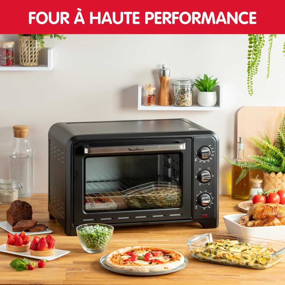 Moulinex Oven, 33 L, Rotating heat, Advanced convection, 6 cooking modes, Thermostat adjustable up to 240°C, Timer 120 min, Reversible grill, Silicone oven mitts, Optimo Black OX464811