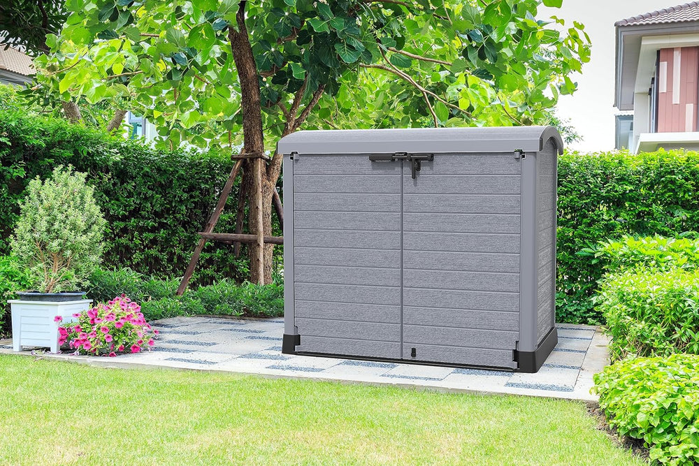 Duramax StoreAway 1200L Plastic Garden Shed/ Flat Lid, Outdoor Storage Shed, Wheelie Bin Hideaways, Wheelie bin box, Durable Construction, Ideal for Bikes, BBQs & 2x 240L Bins, 145x85x125 cm, Brown