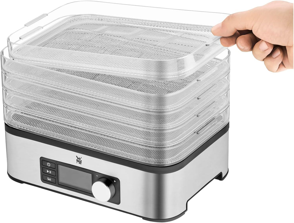 WMF KITCHENminis Dehydrator, 400 W, Stainless Steel, 5 Trays BPA Free, Programmable Dried Fruits, Vegetables, Dehydrated Mushrooms, Cereal Bars, Cromargan 0415250011