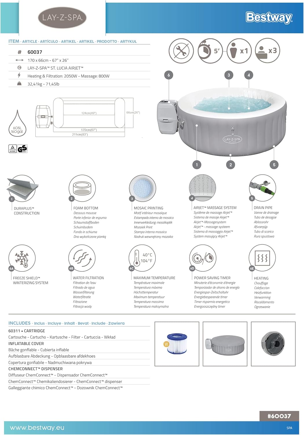 Lay-Z-Spa® 67"x26"/1.70m x 66cm St.Lucia AirJet