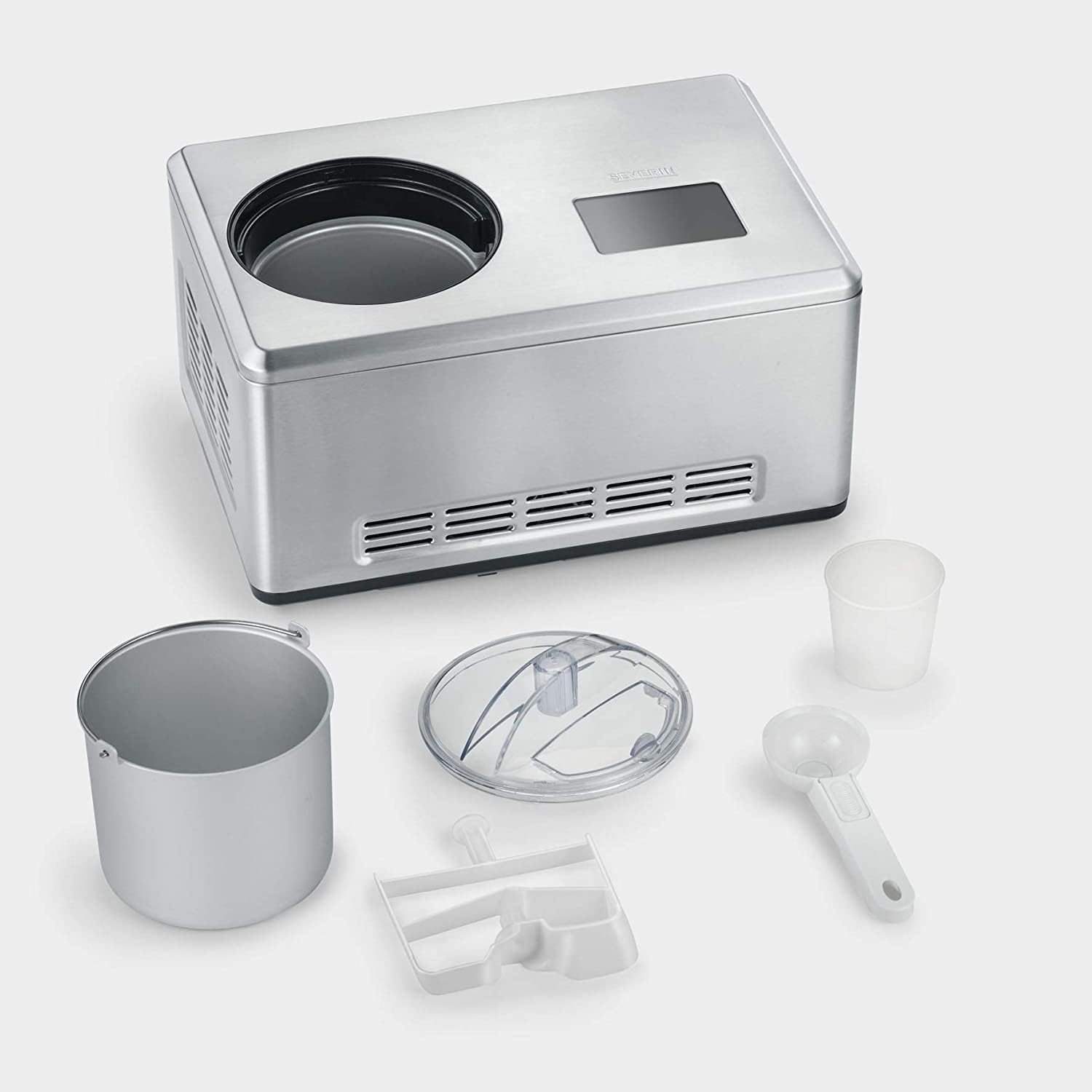SEVERIN EZ 7405 2-in-1 Ice Cream Maker, Includes Ice Cream Container (2L) and Recipe Book, Digital Timer, Lid Open, Silver