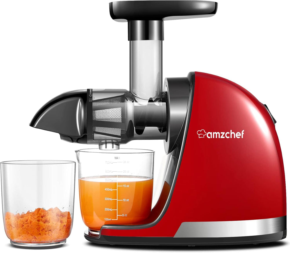 AMZCHEF Extracteur Jus - Extracteur de Jus de Fruits et Légumes - Presses-agrumes à Froid sans BPA avec 2 Tasses et Brosse - Fonction de Mastication Inversée pour Éviter les Blocages - Argent