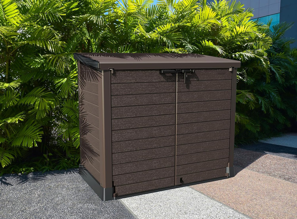 Duramax StoreAway 1200L Plastic Garden Shed/ Flat Lid, Outdoor Storage Shed, Wheelie Bin Hideaways, Wheelie bin box, Durable Construction, Ideal for Bikes, BBQs & 2x 240L Bins, 145x85x125 cm, Brown