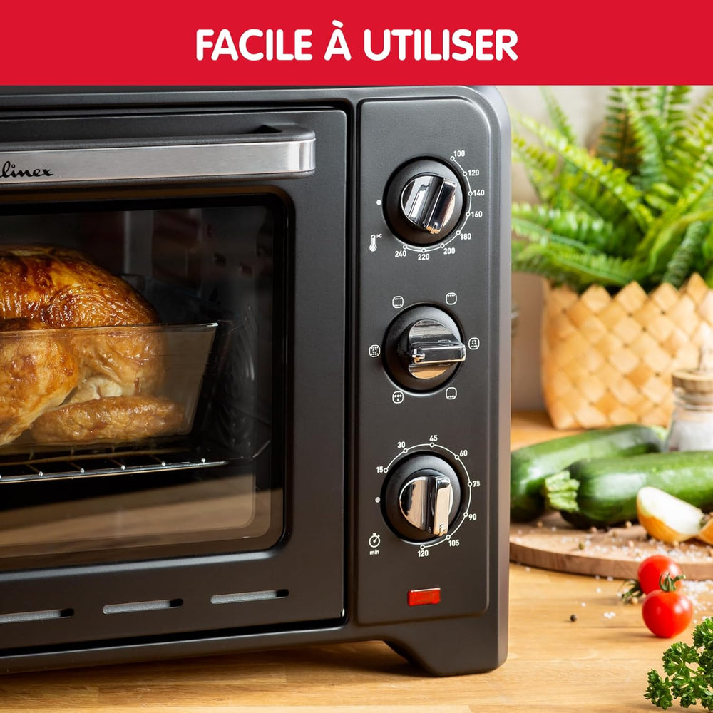 Moulinex Oven, 33 L, Rotating heat, Advanced convection, 6 cooking modes, Thermostat adjustable up to 240°C, Timer 120 min, Reversible grill, Silicone oven mitts, Optimo Black OX464811