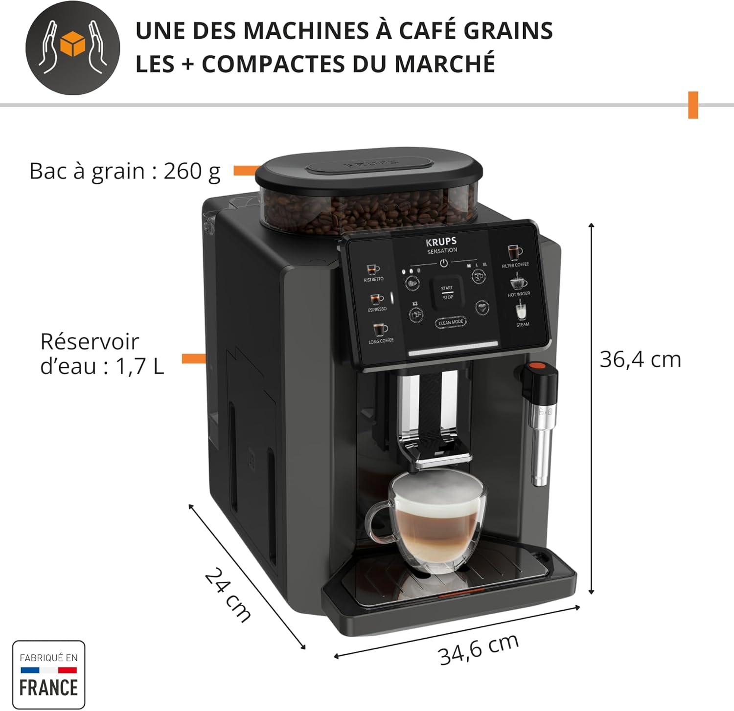 Krups Sensation C50, Machine à café grains, machine expresso, 5 boissons accès direct, Interface tactile, Facile à utiliser, Nettoyage automatique, Buse vapeur Cappuccino, Fabriqué en France EA910810