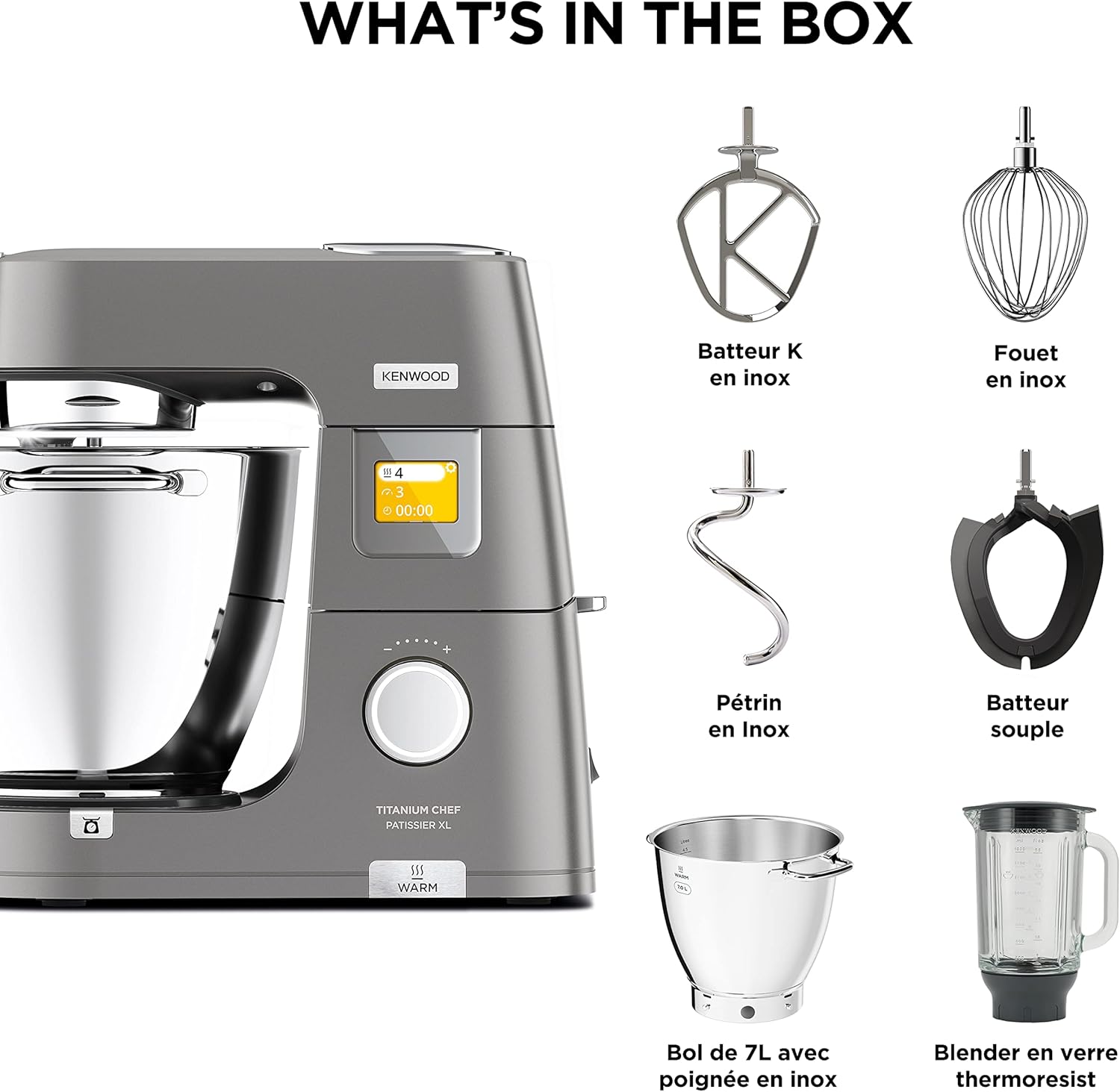 Kenwood Titanium Chef Patissier XL KWL90.034SI, Robot Patissier Balance Intégrée, Batteur K, Pétrin, Fouet, Batteur Souple, Deux Bols, Couvercle Anti-Projections, 1400W, Acier, Argent