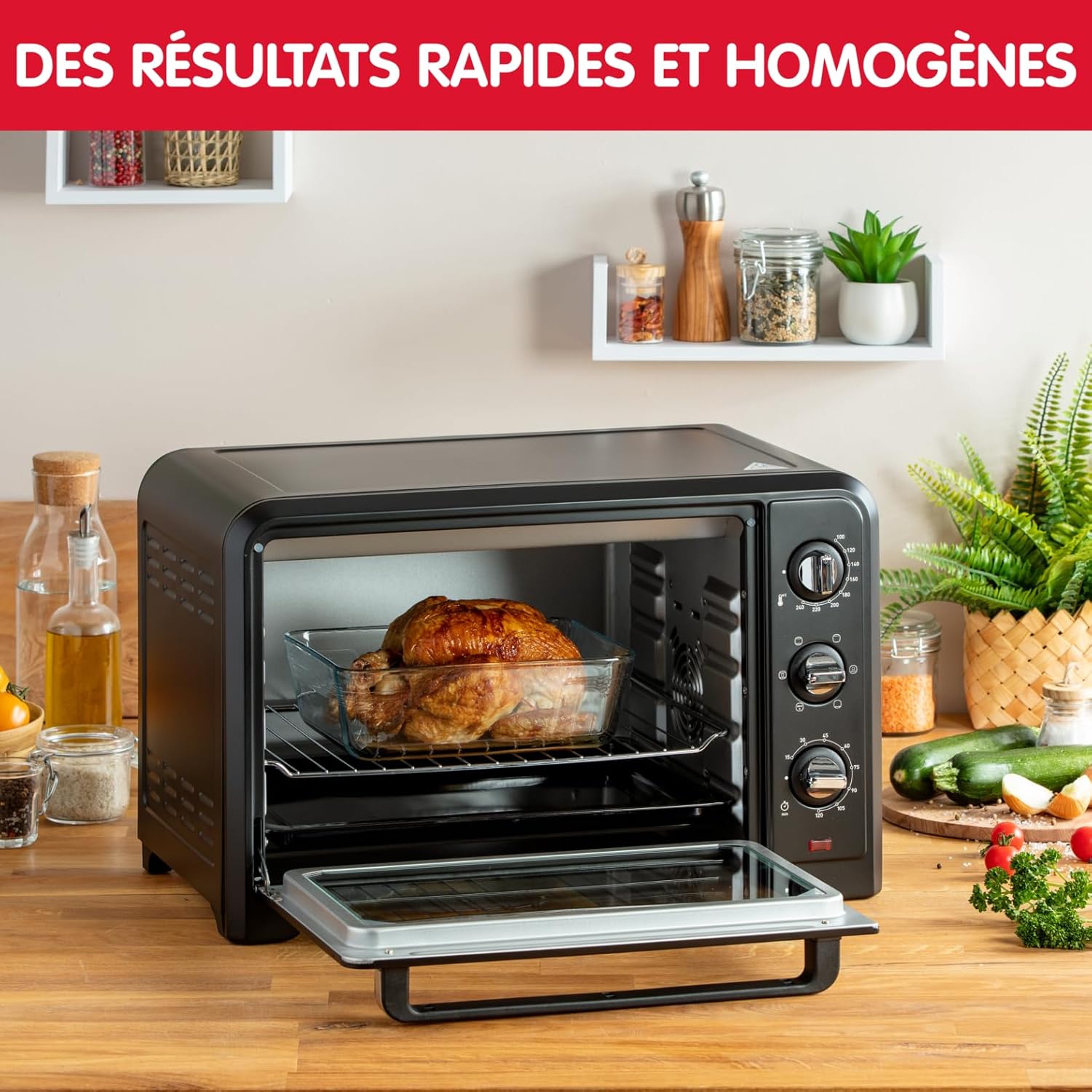 Moulinex Oven, 33 L, Rotating heat, Advanced convection, 6 cooking modes, Thermostat adjustable up to 240°C, Timer 120 min, Reversible grill, Silicone oven mitts, Optimo Black OX464811