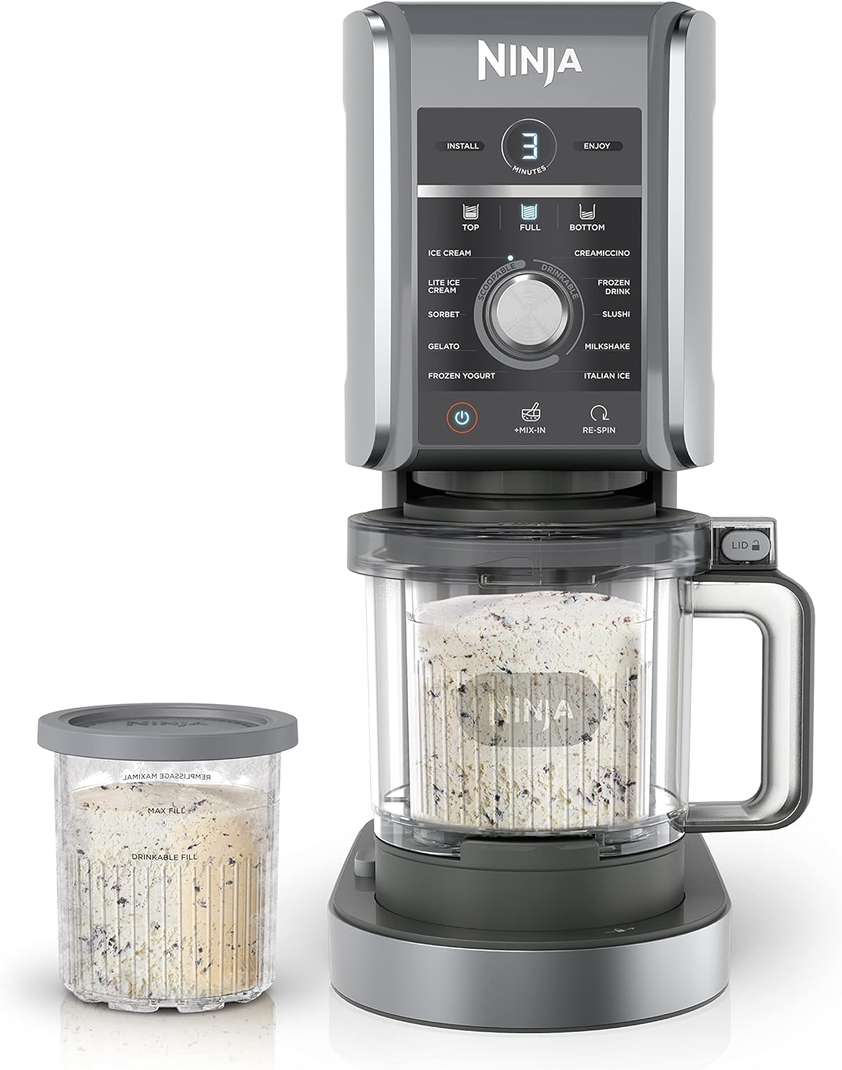 Ninja NC301 CREAMi Ice Cream Maker, for Gelato, Mix-ins, Milkshakes, Sorbet, Smoothie Bowls & More, 7 One-Touch Programs, with (2) Pint Containers & Lids, Compact Size, Perfect for Kids, Silver