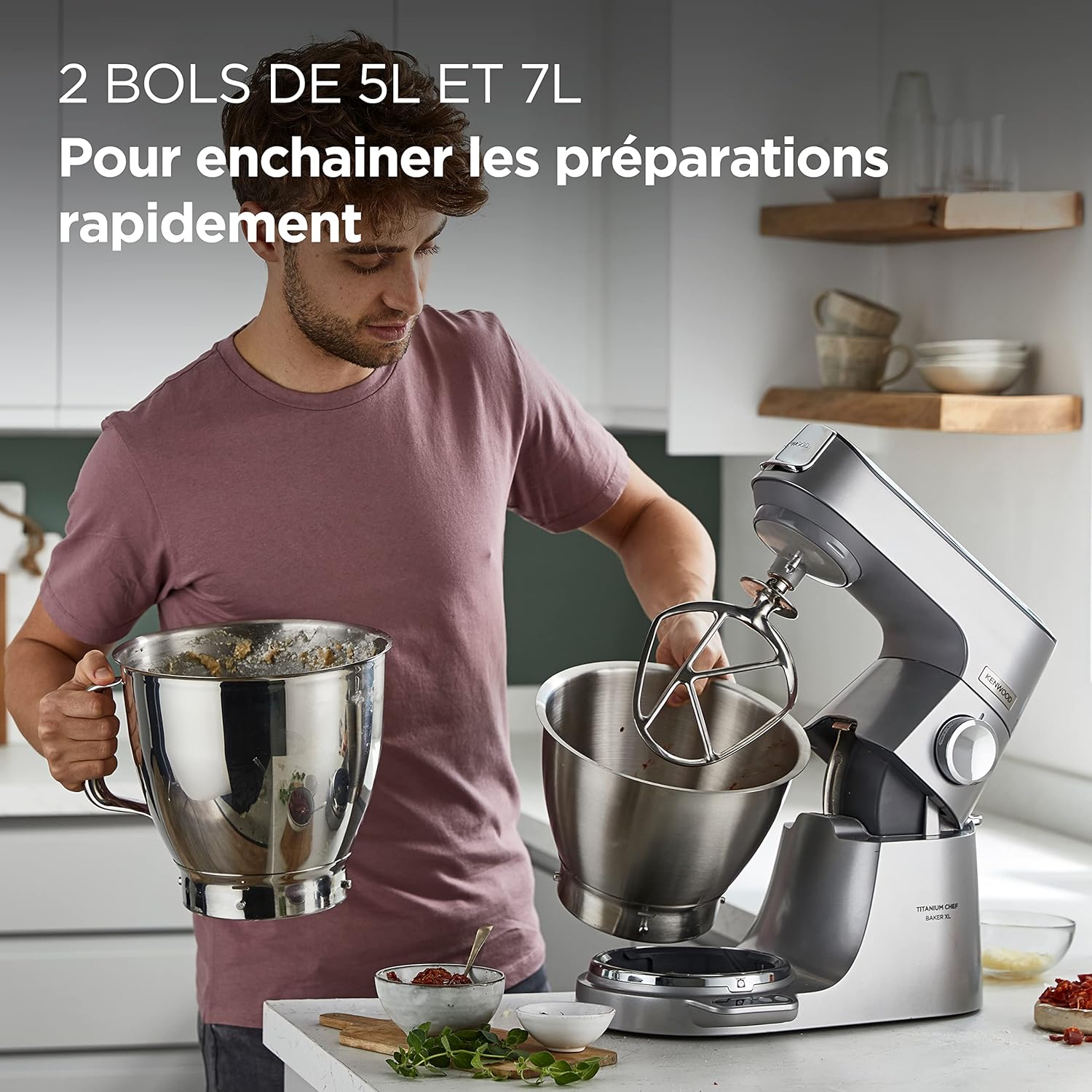 Kenwood Titanium Chef Baker KVC65.001WH, Pastry Robot with Integrated Scales, Including 3-Piece Pastry Set, Spatula & Splash Protection, 1200 W, White