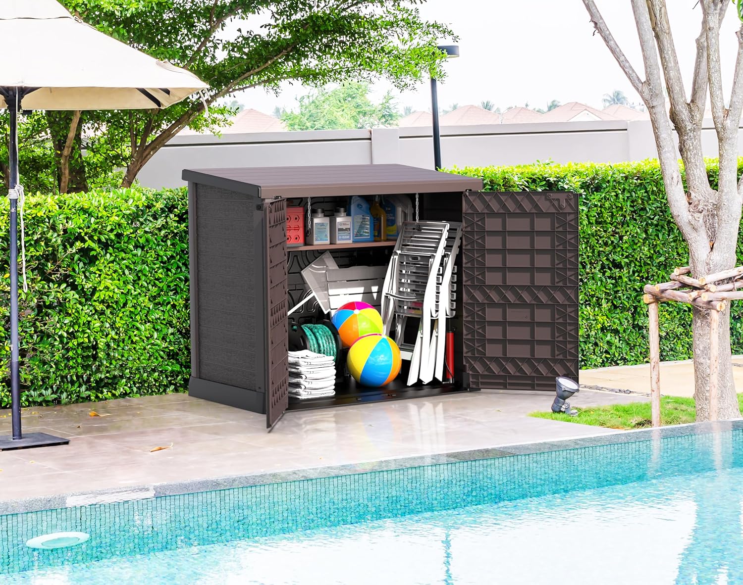 Duramax StoreAway 1200L Plastic Garden Shed/ Flat Lid, Outdoor Storage Shed, Wheelie Bin Hideaways, Wheelie bin box, Durable Construction, Ideal for Bikes, BBQs & 2x 240L Bins, 145x85x125 cm, Brown