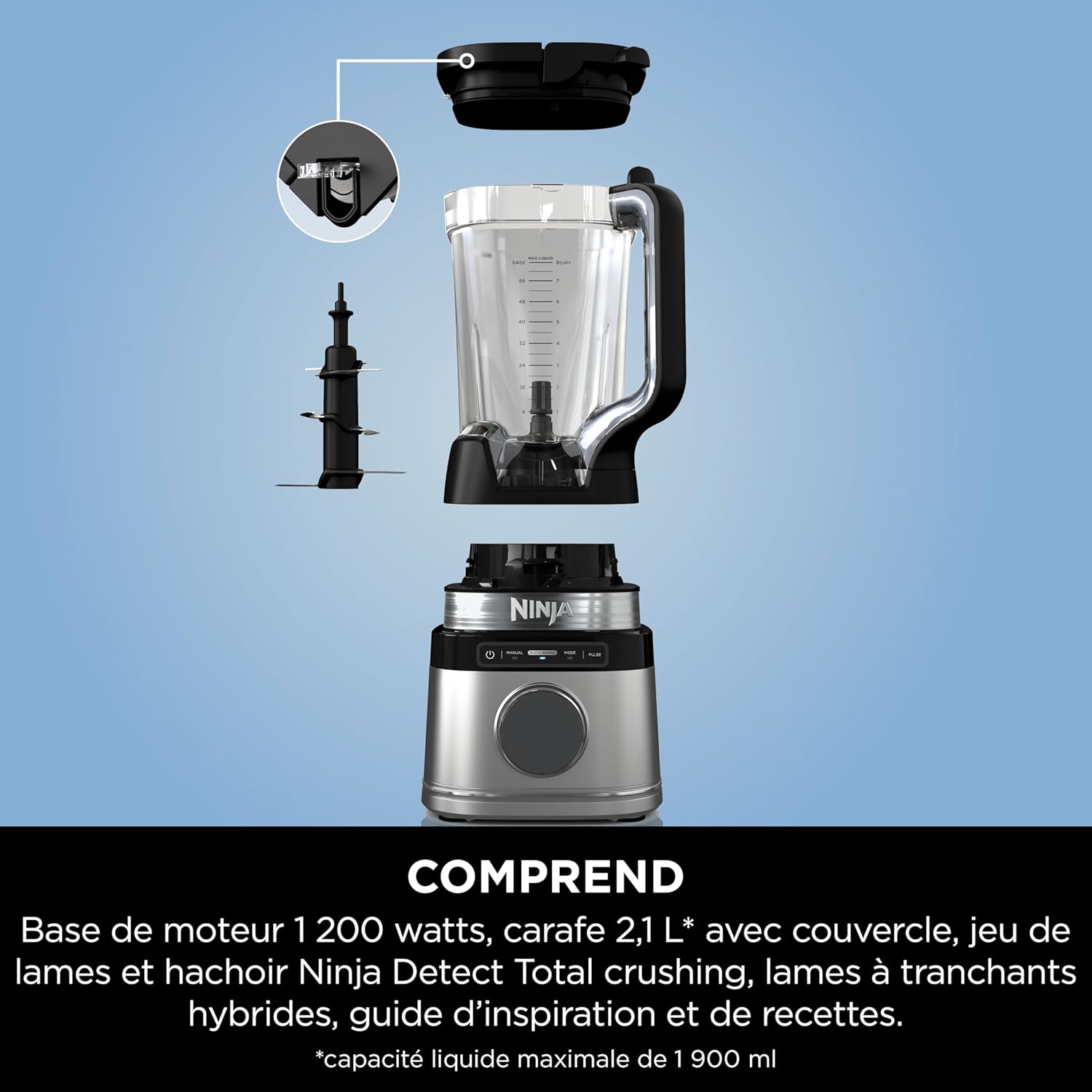 Ninja Detect Power Blender Pro & Single Serve 2-in-1, 1200W Blender with 2L Container, 2 Individual Cups, Blender for Smoothies and Iced Drinks, Vegetable Chopping, Black, TB301EU