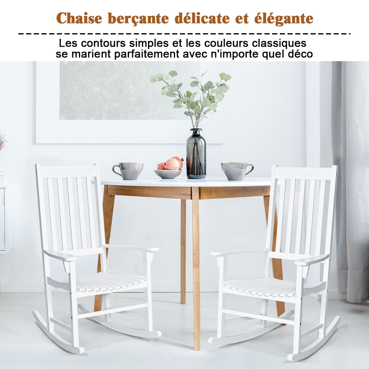 Fauteuil  Bascule en Bois d'Acacia Chaise Berante pour Jardin Pelouse Balcon Blanc -