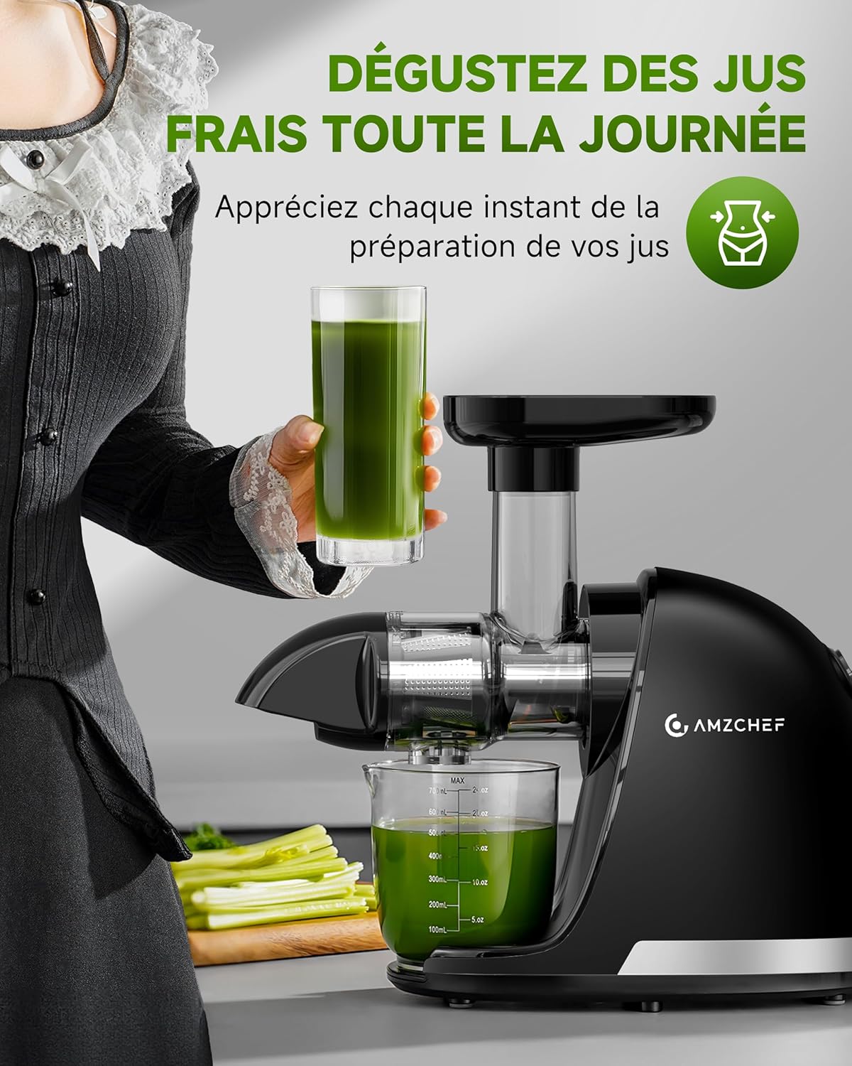 AMZCHEF Extracteur Jus - Extracteur de Jus de Fruits et Légumes - Presses-agrumes à Froid sans BPA avec 2 Tasses et Brosse - Fonction de Mastication Inversée pour Éviter les Blocages - Argent