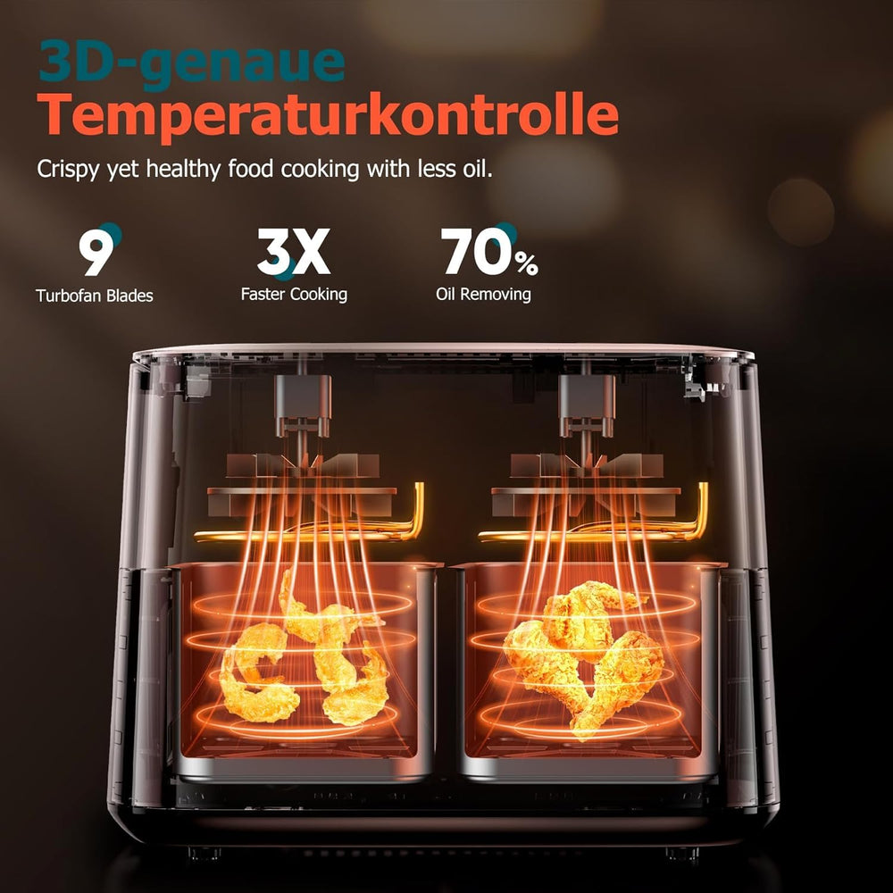 9L Dual Zone Air Fryer avec Fenêtre de Visualisation, Friteuse sans Huile avec 2 Tiroir, 9-in-1 Programmes de Cuisson, Écran Tactile, Fonction Rendez-vous, Faible en Grasses, Va au Lave-vaisselle