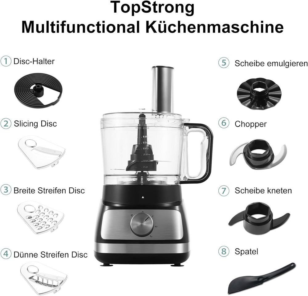 TopStrong Multifunctional Food Processor, 1100 W Multifunctional Food Processor, 11 in 1 Food Processor Included Chopper, Kneader Hook, Blender, Citrus Press and Coffee Grinder, 3.2L Bowl and 1.5L