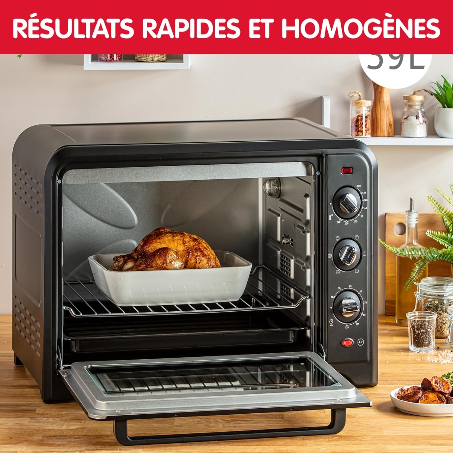 Moulinex Four électrique 39 L, 7 modes de cuisson, Chaleur tournante, Thermostat réglable jusqu’à 240° C, Tournebroche, Minuteur 120 min, Grille réversible, Optimo noir OX485810