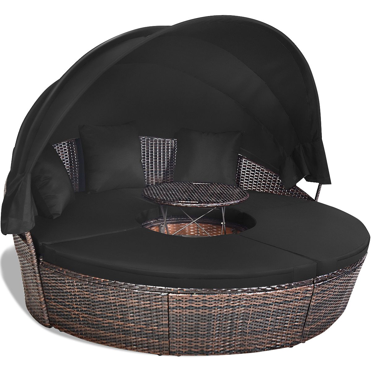 Lit de Jardin Rond d'Exterieur Table Relevable Modulable & Convertible - Pare Soleil Réglable rotin PE Coussins Inclus Noir